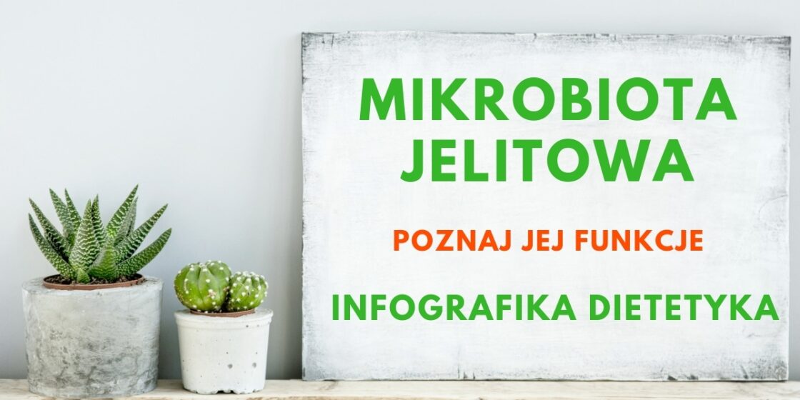 Mikrobiota, mikroflora jelitowa, poznaj jej funkcje - okładka wpisu z infografiką dietetyka