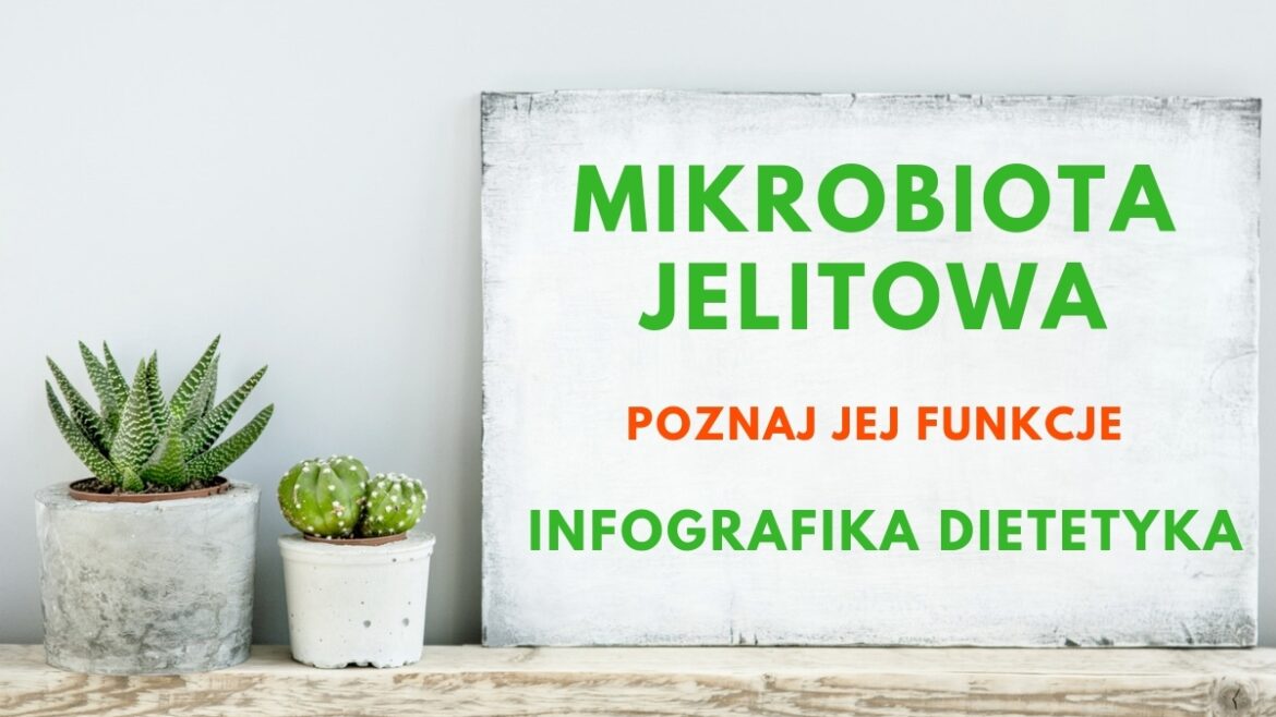 Mikrobiota, mikroflora jelitowa, poznaj jej funkcje - okładka wpisu z infografiką dietetyka